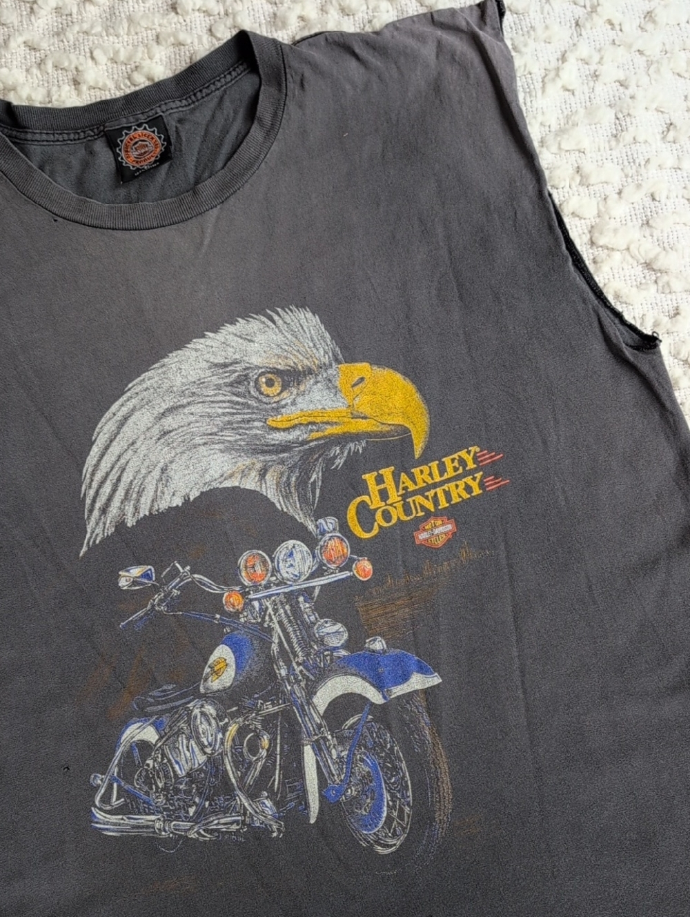 Harley Country Eagle Head Big Logo Motorcycle Biker Cut Off Tee Tank XL Fade 90s